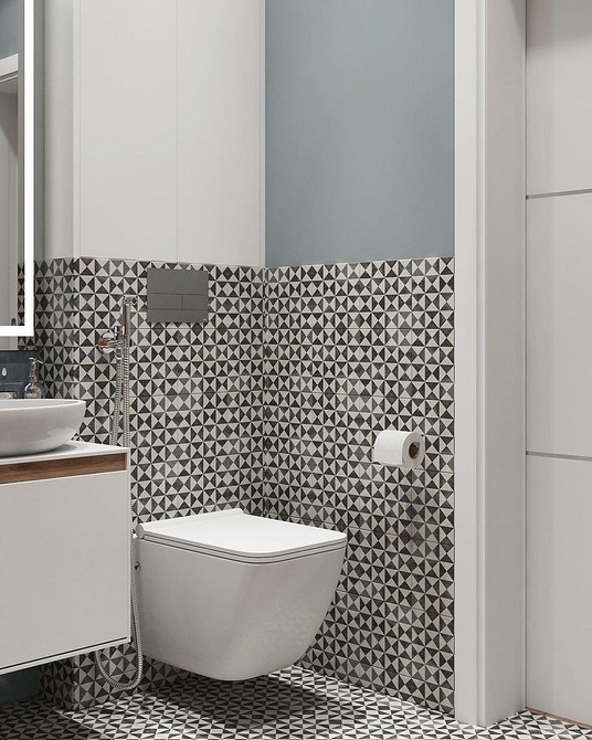 Дизайн интерьера: Санузел с душевой и ванной в апартаментах